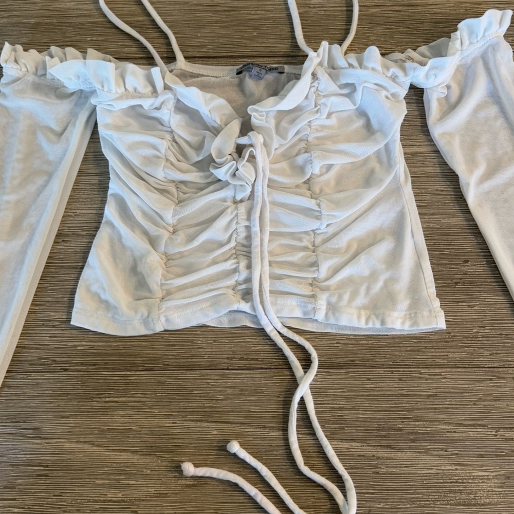 White Ruched Tie Front Blouse with Long Sleeves